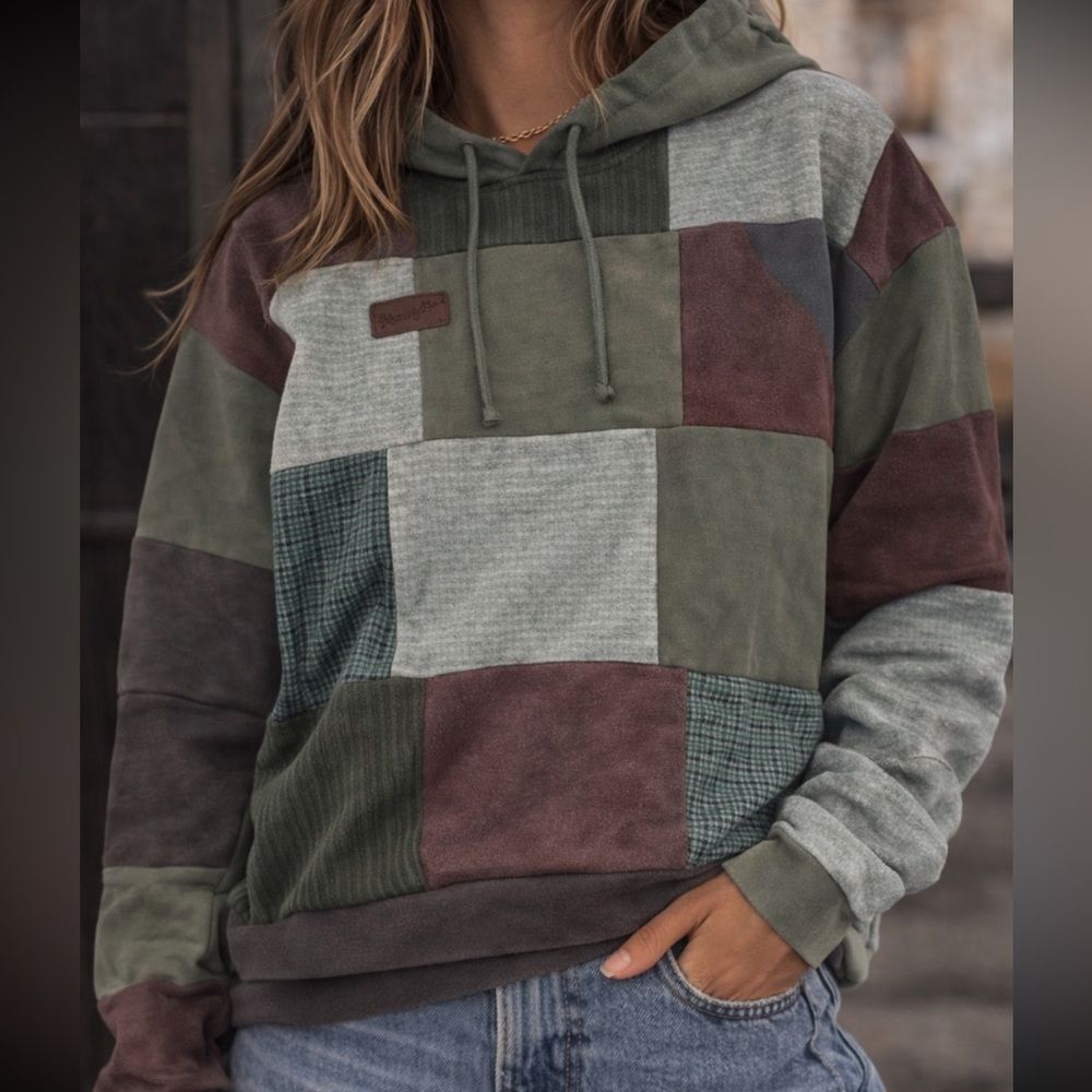Patchwork Wrangler Upcycled Handmade Hoodie in Earth Tones Hoodie